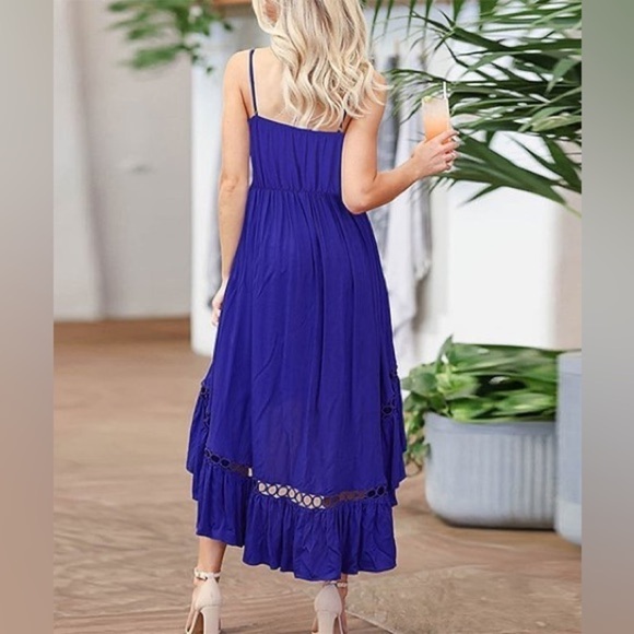 New Feeling Navy Blue Crochet Cutout Ruffle Hem High-Low Dress Size M - Picture 5 of 17